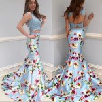 Two Piece Mermaid Style Open Back Sweep Train Floral Prom Dress with Appliques