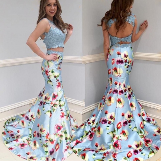 Two Piece Mermaid Style Open Back Sweep Train Floral Prom Dress with Appliques - Click Image to Close