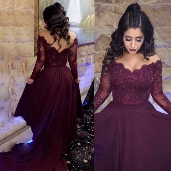Two Piece Off-the-Shoulder Long Sleeves High Low Maroon Prom Dress with Appliques - Click Image to Close