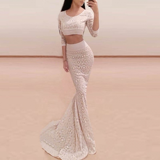 Two Piece Mermaid 3/4 Sleeves Scoop Long Ivory Lace Prom Dress - Click Image to Close