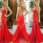 Red Mermaid Prom Dress - High Neck Long Illusion Back with Appliques