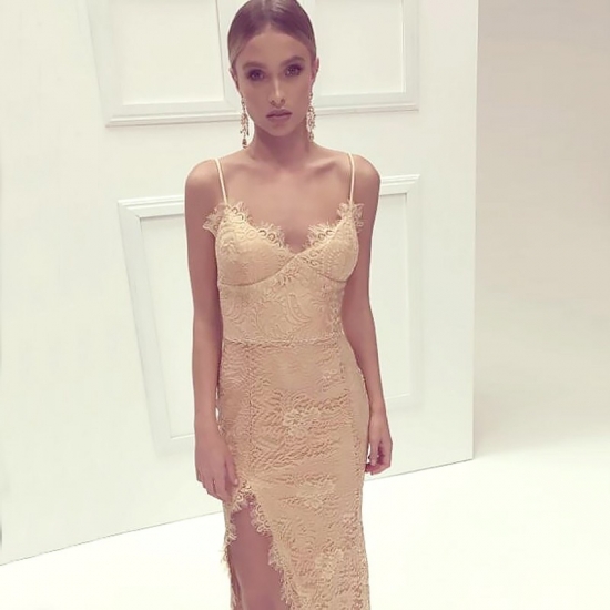 Sheath Spaghetti Straps Long Light Champagne Lace Prom Dress with Split - Click Image to Close