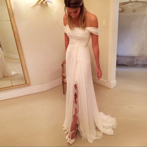 A-Line Off-the-Shoulder Long Chiffon Beach Wedding Dress with Lace Split