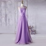 A-Line Spaghetti Straps Backless Lavender Chiffon Prom Dress with Appliques