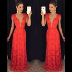 A-Line Deep V-Neck Cap Sleeves Floor-Length Red Lace Prom Dress
