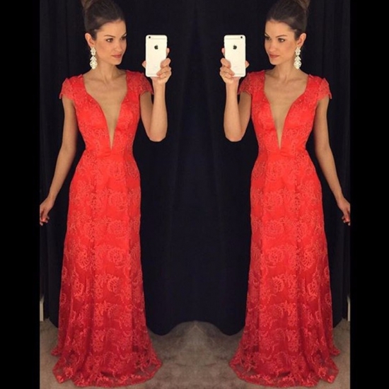 A-Line Deep V-Neck Cap Sleeves Floor-Length Red Lace Prom Dress - Click Image to Close
