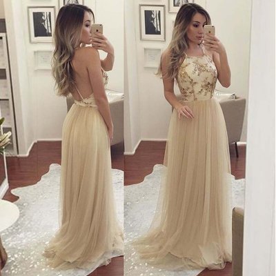 A-Line Spaghetti Straps Backless Champagne Tulle Prom Dress with Sequins