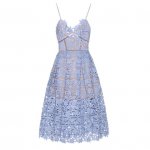 A-Line Spaghetti Straps Backless Mid-Calf Blue Lace Prom Dress