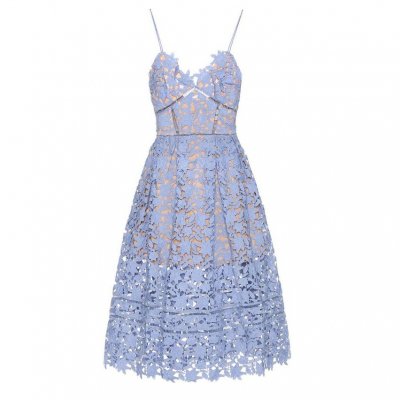 A-Line Spaghetti Straps Backless Mid-Calf Blue Lace Prom Dress