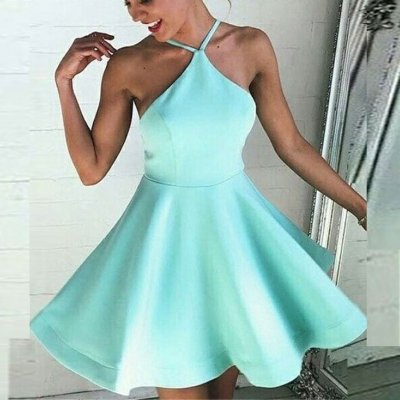 A-Line Spaghetti Straps Backless Short Mint Green Satin Homecoming Dress