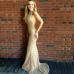 Mermaid Style High Neck Sweep Train Light Gold Sequined Prom Dress