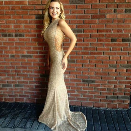 Mermaid Style High Neck Sweep Train Light Gold Sequined Prom Dress - Click Image to Close