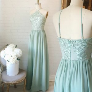 A-Line V-Neck Floor-Length Sage Chiffon Prom Dress with Appliques