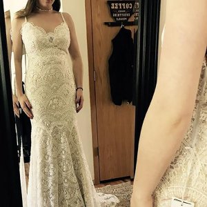 Sheath Spaghetti Straps Sweep Train Ivory Lace Wedding Dress with Beading
