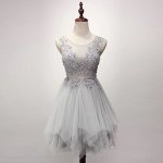 A-Line Scoop Asymmetrical Grey Tulle Homecoming Dress with Beading Appliques