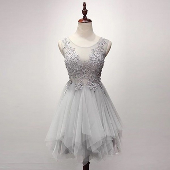 A-Line Scoop Asymmetrical Grey Tulle Homecoming Dress with Beading Appliques - Click Image to Close