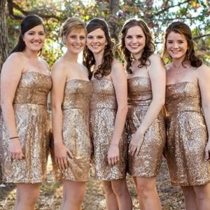 A-Line Strapless Short Champagne Sequined Bridesmaid Dress