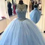 Ball Gown Round Neck Open Back Blue Tulle Prom Dress with Lace Beading