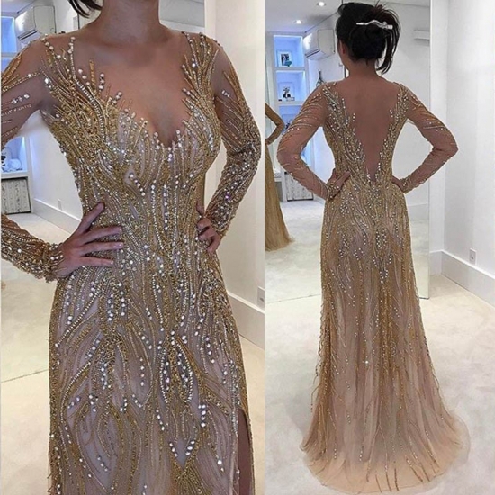 Sheath Illusion Bateau Light Champagne Tulle Prom Dress with Beading - Click Image to Close