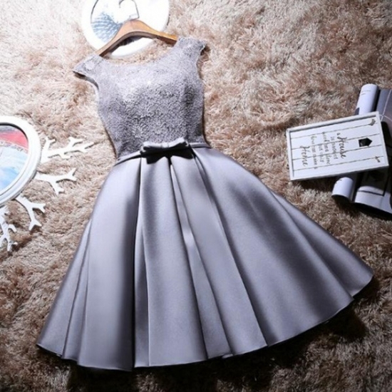 A-Line Bateau Cap Sleeves Short Grey Satin Homecoming Dress with Bowknot Lace - Click Image to Close