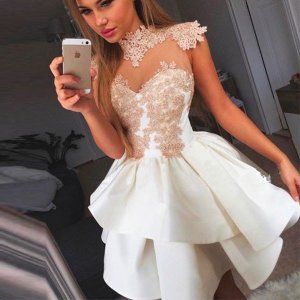 A-Line High Neck Short White Satin Homecoming Dress with Appliques