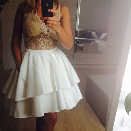 A-Line V-Neck Illusion Lace Top White Short Homecoming Dress with Pockets - Click Image to Close
