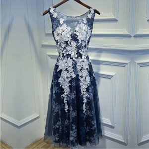 A-Line Bateau V-Back Short Dark Navy Tulle Homecoming Dress with Appliques