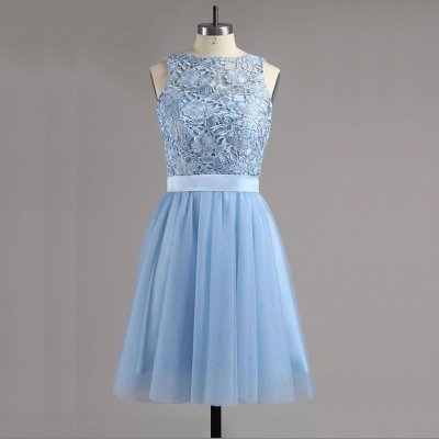 A-Line Bateau Backless Blue Tulle Homecoming Dress with Lace Bowknot