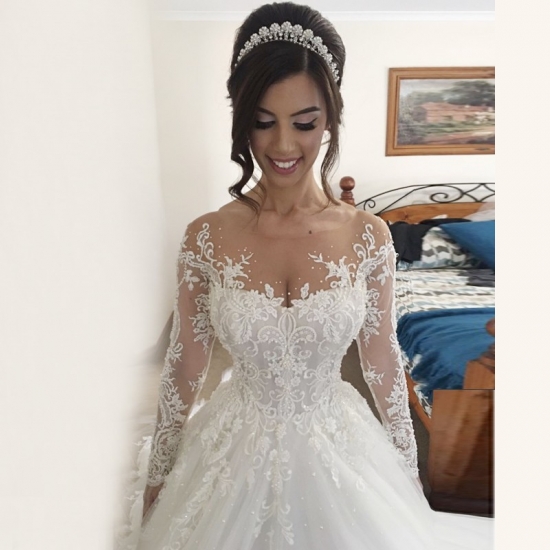 Ball Gown Illusion Jewel Long Sleeves Wedding Dress with Beading Appliques - Click Image to Close