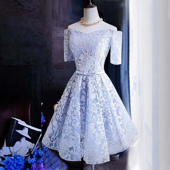 A-Line Off-the-Shoulder Half Sleeves Short Blue Lace Homecoming Dress with Sash - Click Image to Close