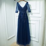 A-Line V-Neck Half Sleeves Dark Blue Tulle Prom Dress with Beading Appliques