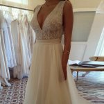 A-Line Deep V-Neck Backless Ivory Chiffon Wedding Dress with Lace