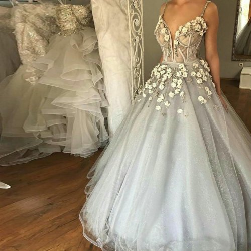 Ball Gown Straps Floor-Length Grey Sequined Wedding Dress with Appliques