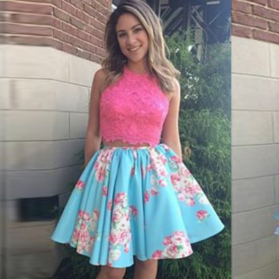 Two Piece Round Neck Short Blue Floral Satin Homecoming Dress with Appliques