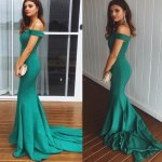 Mermaid Off-the-Shoulder Sweep Train Green Elastic Satin Prom Dress