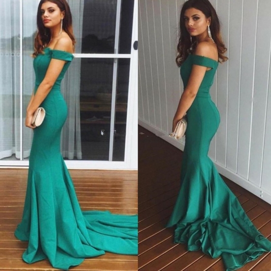 Mermaid Off-the-Shoulder Sweep Train Green Elastic Satin Prom Dress - Click Image to Close
