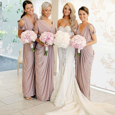 Sheath V-Neck Cold Shoulder Blush Elastic Satin Bridesmaid Dress Ruched