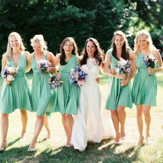 A-Line V-Neck Short Green Elastic Satin Convertible Style Bridesmaid Dress - Click Image to Close