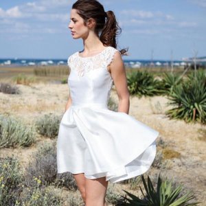 A-Line Bateau Open Back Short Ivory Satin Hall Wedding Dress with Lace