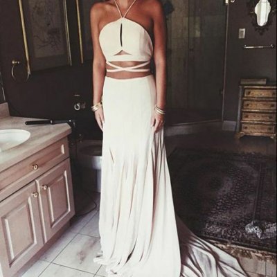 A-Line V-Neck Sweep Train Keyhole Ivory Elastic Satin Prom Dress