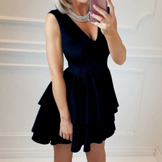 A-Line V-Neck Short Dark Navy Tiered Elastic Satin Homecoming Dress - Click Image to Close