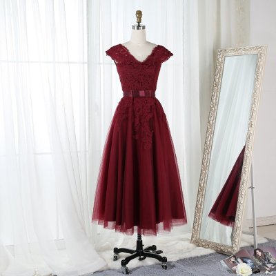 Ball Gown V-Neck Bateau Tea-Length Burgundy Tulle Prom Dress with Appliques
