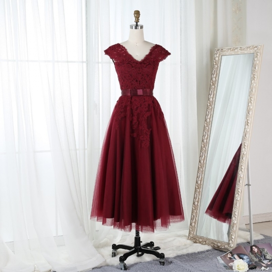 Ball Gown V-Neck Bateau Tea-Length Burgundy Tulle Prom Dress with Appliques - Click Image to Close