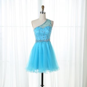 A-Line One Shoulder Short Blue Tulle Beaded Homecoming Dress