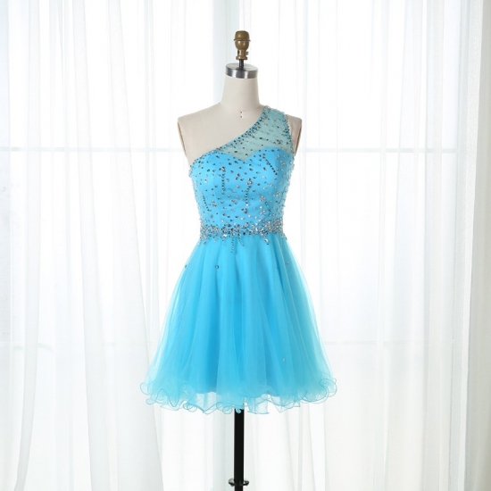 A-Line One Shoulder Short Blue Tulle Beaded Homecoming Dress - Click Image to Close