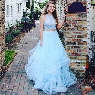 Two Piece Jewel Floor-Length Blue Tiered Prom Dress with Beading