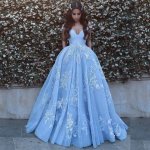 Ball Gown Off-the-Shoulder Sweep Train Blue Prom Dress with Pockets Appliques