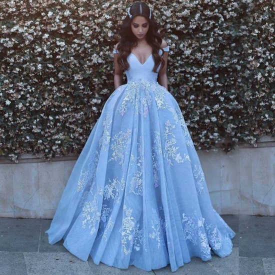 Ball Gown Off-the-Shoulder Sweep Train Blue Prom Dress with Pockets Appliques - Click Image to Close