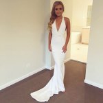 Mermaid V-Neck Criss-Cross Straps Sweep Train White Prom Dress