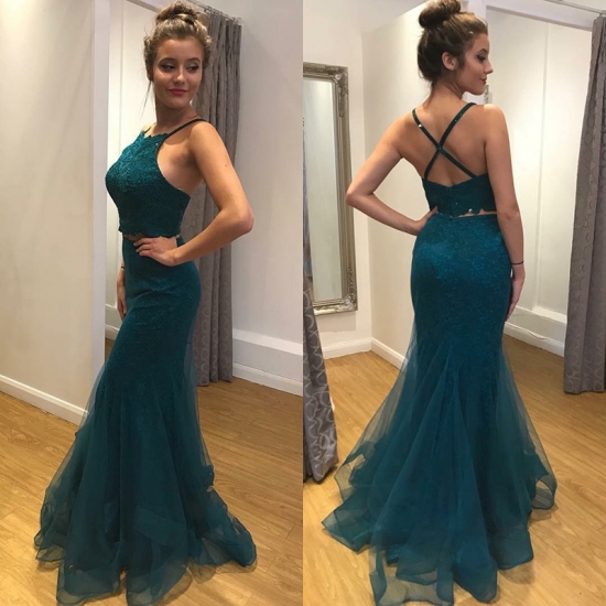 Two Piece Spaghetti Straps Dark Green Sweep Train Prom Dress with Lace - Click Image to Close